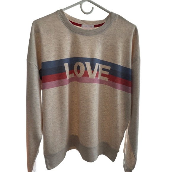 PJ Salvage LOVE Graphic Sweatshirt Cream Blue Pink Stripe Long Sleeve NWOT SZ M - Picture 2 of 3